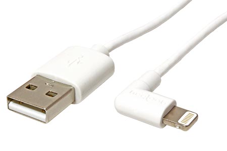 USB kabel pro Apple s konektorem Lightning zalomený 90°, bílý, 1m