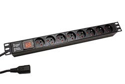 19" napájecí panel 1U, 8x zásuvka CZ, vidlice IEC320 C14, vypínač, černý, 1,8m