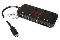 Multiport adaptér USB 5Gbps, USB C(M) -> čtečka karet + Hub 3x USB3.0 A(F), černý