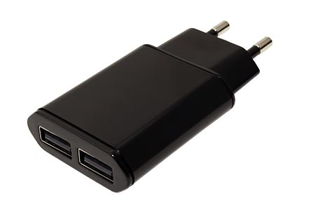 Napájecí adaptér síťový (230V) - 2x USB 5V / 2,1A, plochý, černý